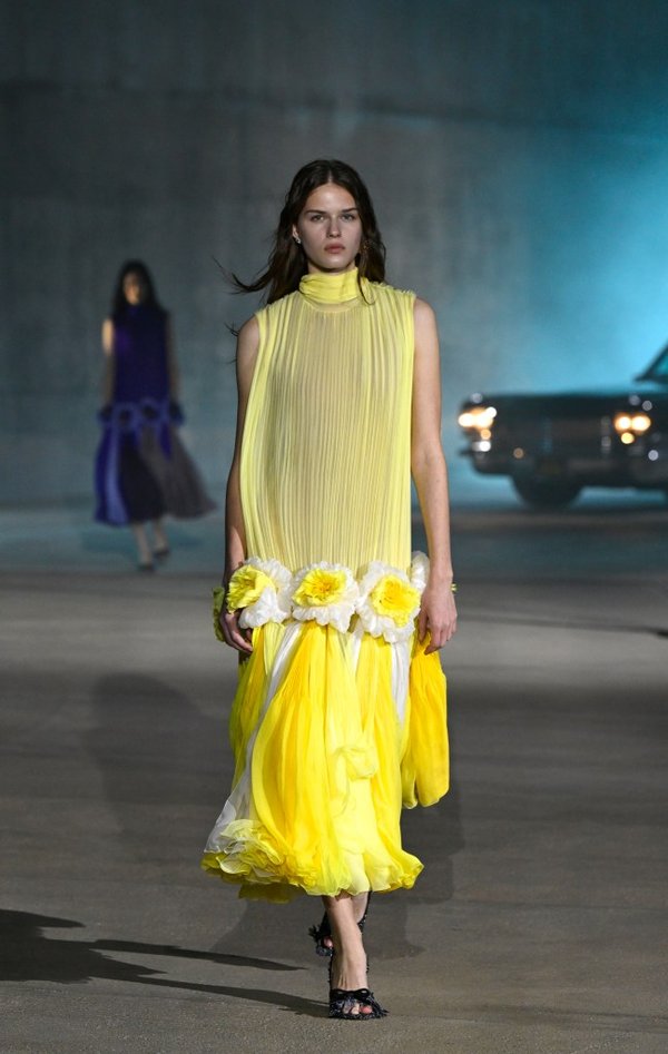 Mientras Carpenter estaba sentado en primera fila, una modelo desfilaba por la pasarela luciendo el mismo atuendo amarillo transparente.WWD vía Getty Images