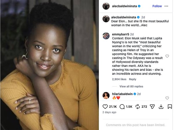 “Querido Elon… pero ella ES la mujer más hermosa del mundo… Alec”, escribió Baldwin en una publicación de Instagram (como se ve arriba).alecbaldwininsta/instagram