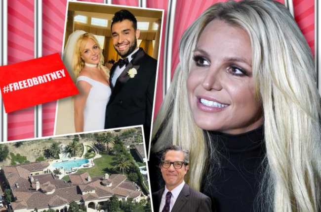 Una imagen compuesta de Britney Spears sonriendo sola Spears posando con Sam Asghari en su boda Mathew Rosengart una vista aerea de la casa de Spears y una bandera roja FreeBritney