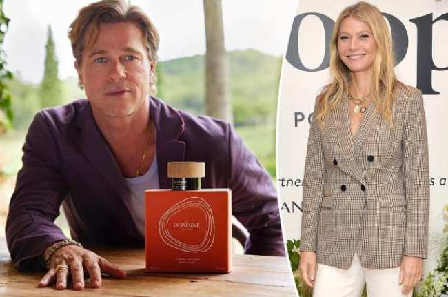 Brad Pitt con un traje morado y una botella roja para el cuidado de la piel Gwyneth Paltrow con blazer beige