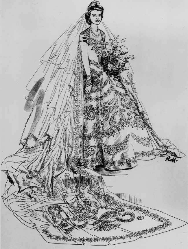 Boceto del vestido de novia de la futura reina Isabel II