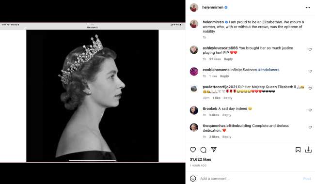 Helen Mirren honro a la difunta Reina en Instagram