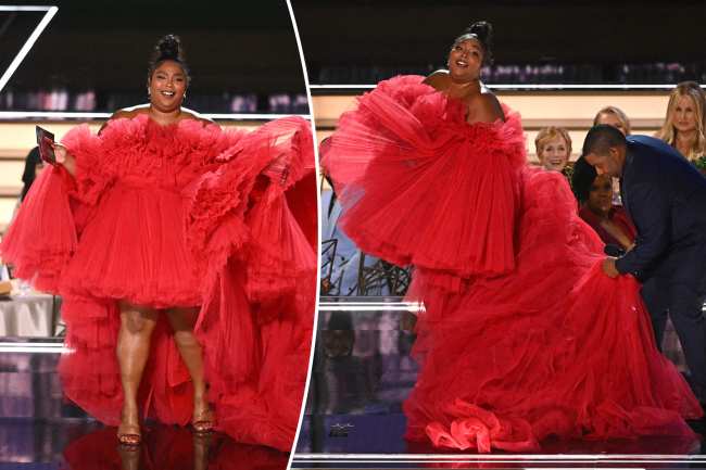 Lizzo uso un voluminoso vestido rojo con volantes para los Emmy 2022
