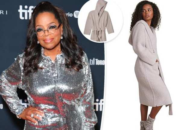 Una imagen dividida de Oprah con un vestido plateado y una modelo con una bata de bano morada