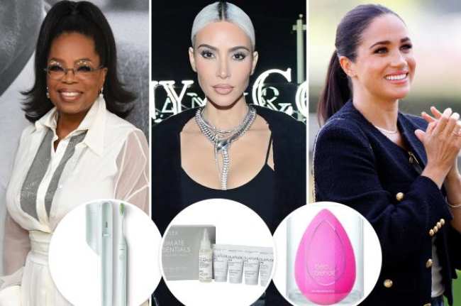 Oprah Kim Kardashian y Meghan Markle con fotos insertadas de un cepillo de dientes un set Olaplex y una Beautyblender