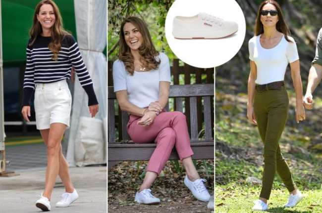 Kate Middleton con zapatillas Superga blancas con tres conjuntos