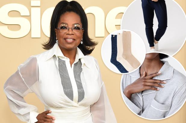 Oprah con un vestido blanco con inserciones de calcetines joggers y pijama