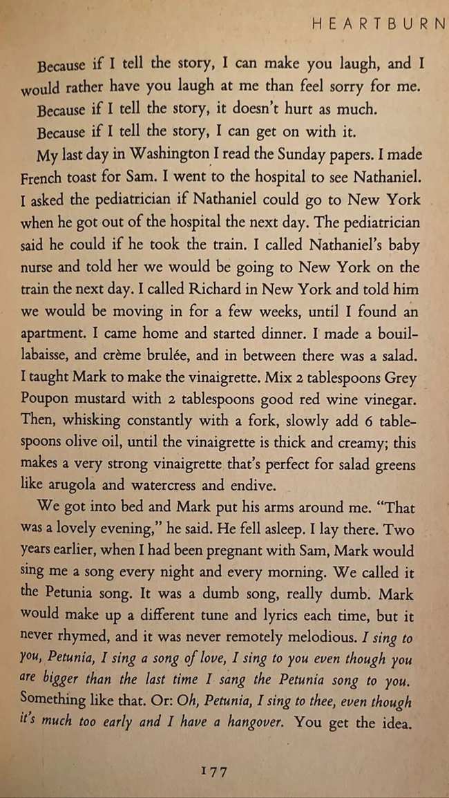              Wilde publico en Instagram una pagina del famoso romance en clave Heartburn de Nora Ephron que presenta la infame receta de aderezo para ensaladas y algunas palabras reveladoras encima             