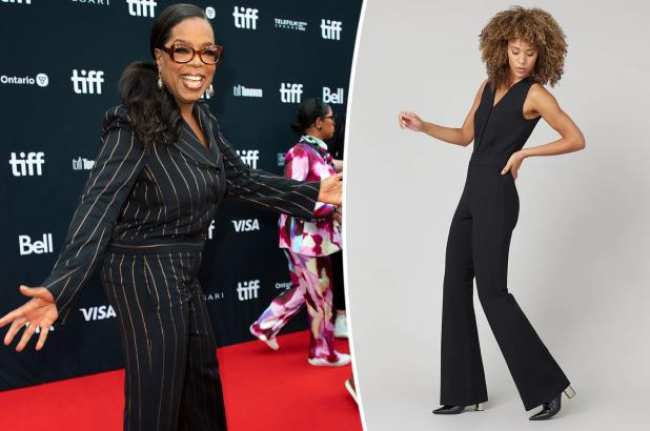 Una foto dividida de Oprah Winfrey con un traje negro y una modelo con un mono Spanx