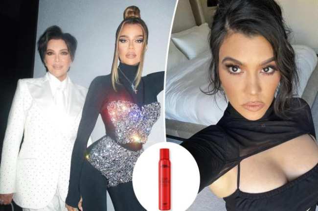 Una division de Kris Jenner y Kourtney Kardashian posando contra una pared y Kourtney Kardashian tomandose una selfie con una insercion de una botella roja de laca para el cabello