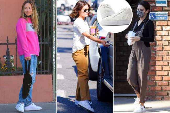 Olivia Wilde Lucy Hale y Mila Kunis con zapatillas blancas de cuero vegano