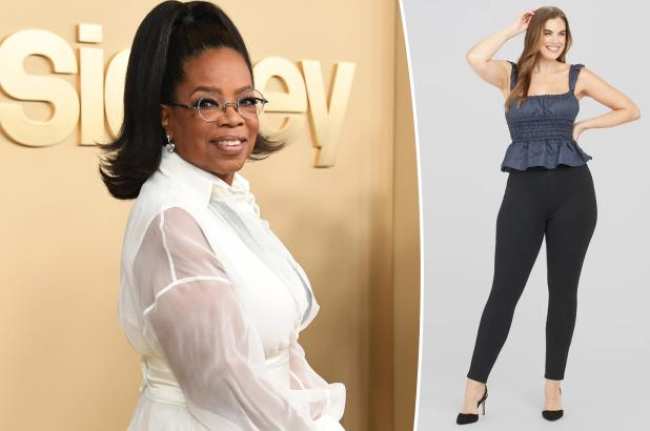 Oprah Winfrey a la izquierda con una foto de una modelo con una camisa azul y pantalones Spanx negros a la derecha