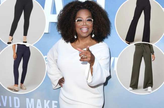 Oprah con un vestido blanco apuntando a la camara rodeada de inserciones de pantalones Spanx