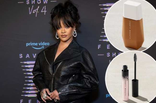 Rihanna con un vestido de abrigo negro con inserciones de base y rimel