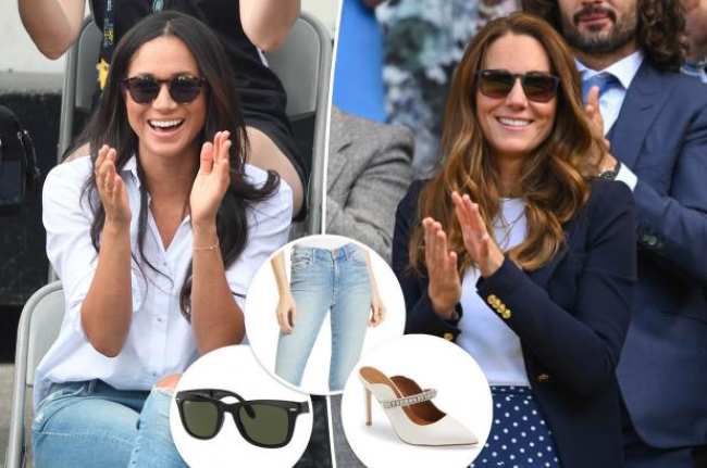 Kate Middleton y Meghan Markle aplaudiendo y con gafas de sol con fotos insertadas de un par de gafas de sol tacones altos y jeans