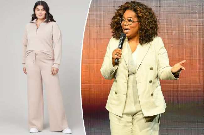Una modelo con un conjunto a juego de pantalones de chandal Spanx dividido con una foto de Oprah con un traje blanco sosteniendo un microfono