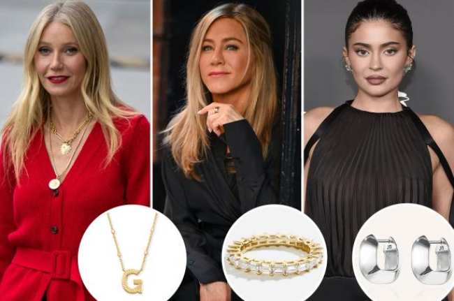 Gwyneth Paltrow Jennifer Aniston y Kylie Jenner con inserciones de un anillo collar y aretes