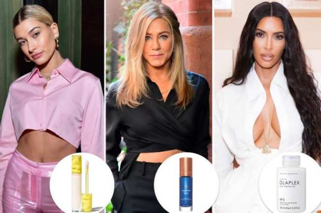 Hailey Bieber Jennifer Aniston y Kim Kardashian con inserciones de productos de belleza