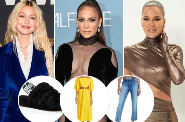 Fotos de Gigi Hadid Jennifer Lopez y Khloe Kardashian con inserciones de Uggs un vestido y un par de jeans