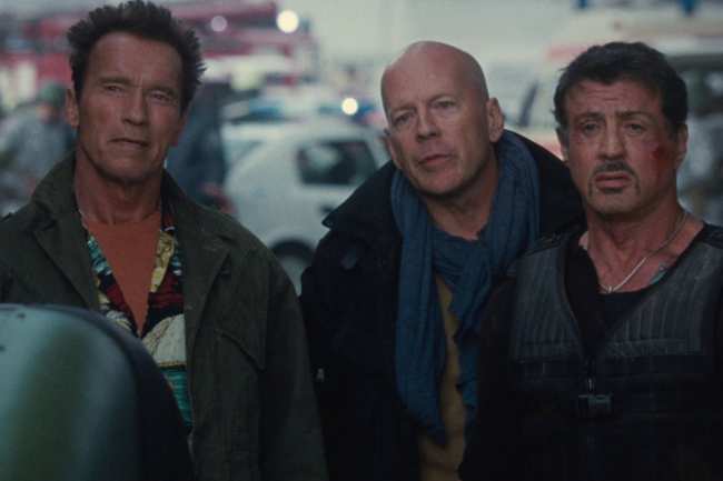              Arnold Schwarzenegger Bruce Willis and Sylvester Stallone appear in a scene from The Expendables 2            