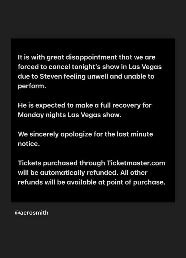              Aerosmith publico esta declaracion en las redes sociales para anunciar la cancelacion            