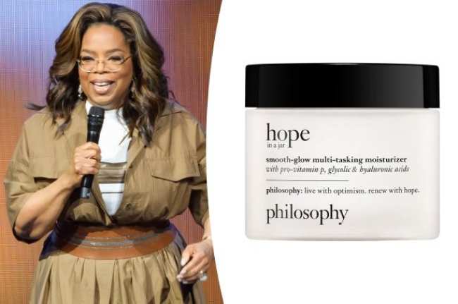 Una imagen dividida de Oprah en el escenario y un humectante Philosophy