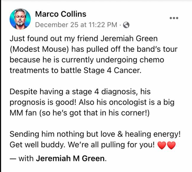              El DJ de radio Marco Collins explico que Green tuvo que abandonar prematuramente la gira de la banda debido a su diagnostico            