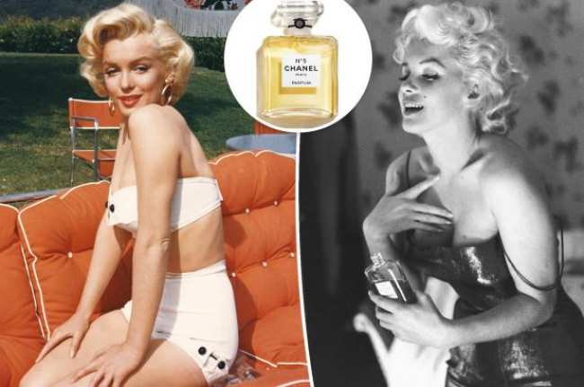 Marilyn Monroe posando en traje de bano y rociandose sobre Chanel No 5 con una foto insertada del frasco de la fragancia