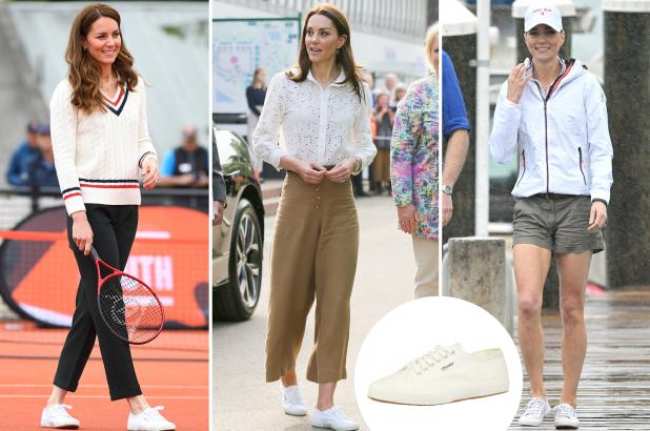 Una division de Kate Middleton en tres conjuntos diferentes con las mismas zapatillas Superga blancas mas una insercion de las zapatillas