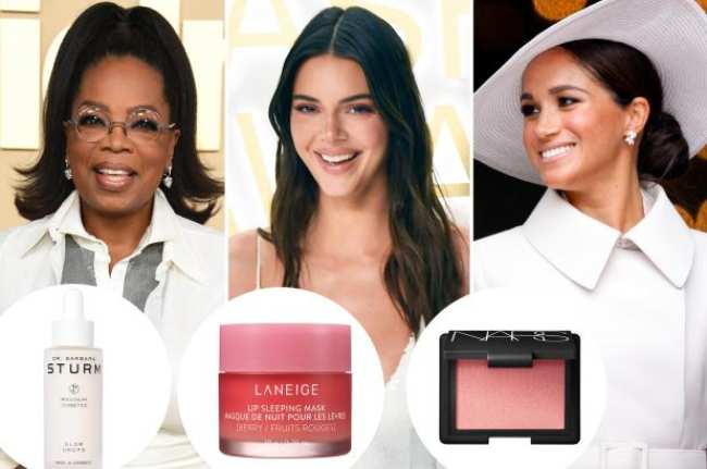 Oprah Kendall Jenner y Meghan Markle con inserciones de un producto sknicare mascara de labios y rubor compacto