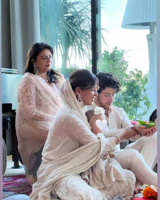 Priyanka Chopra y Nick Jonas con Malti durante Diwali