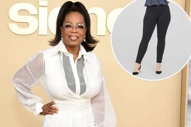 Oprah con un vestido blanco con una insercion de una modelo con pantalones Spanx negros