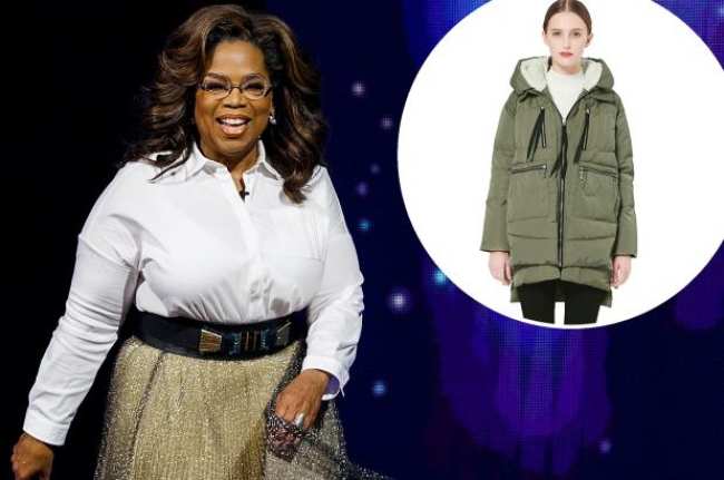 Oprah con una camisa blanca con una insercion de una modelo con el abrigo Amazon verde oliva