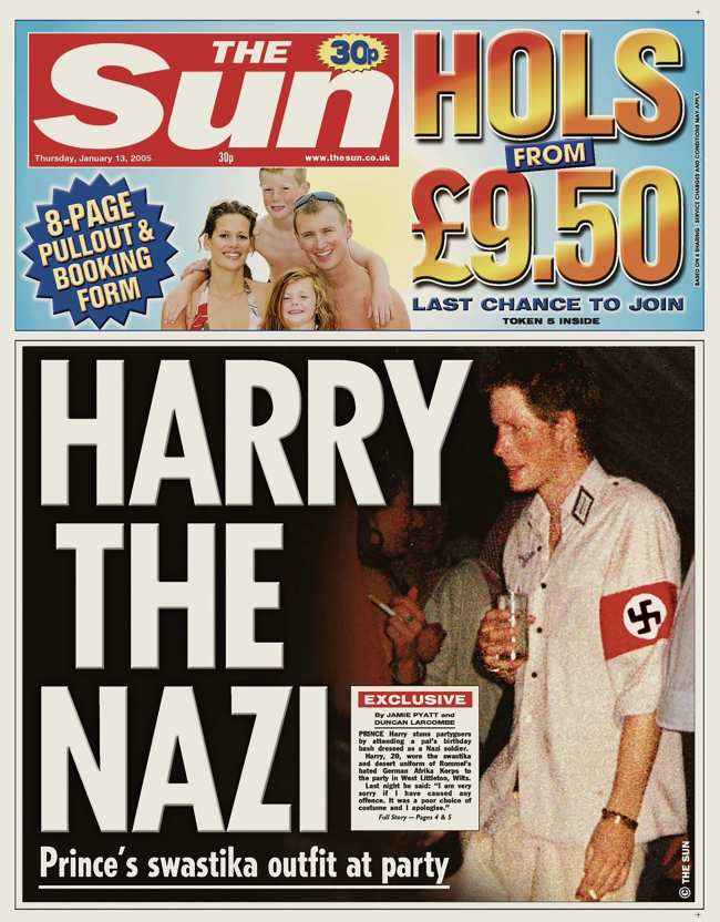              El principe Harry tenia 20 anos cuando se vio envuelto en la tormenta de disfraces nazis en la portada del periodico The Sun            
