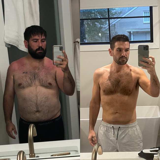 Una division de Shay Mooney tomandose selfies en el espejo sin camisa antes y despues de su perdida de peso de 50 libras