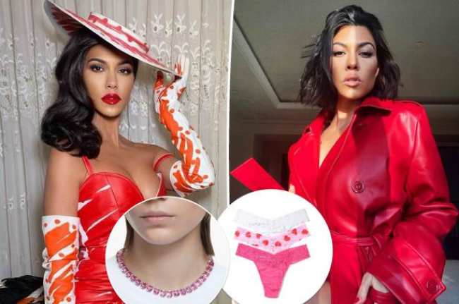 Kourtney Kardashian en rojo con inserciones de un collar y tangas