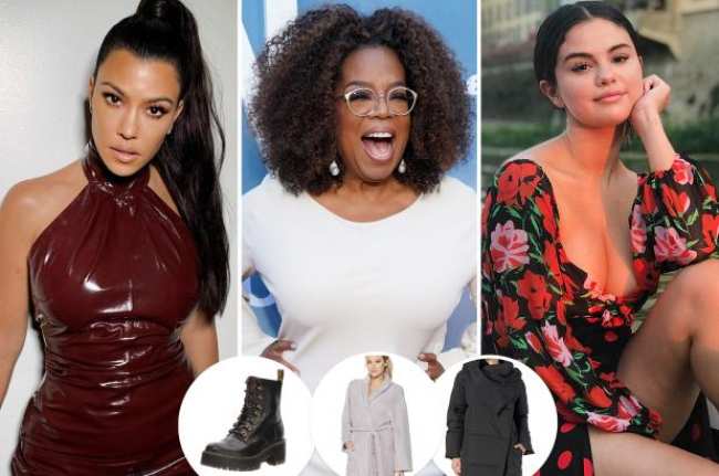 Kourtney Kardashian Oprah y Selena Gomez con inserciones de una bota una bata de bano y un abrigo acolchado respectivamente