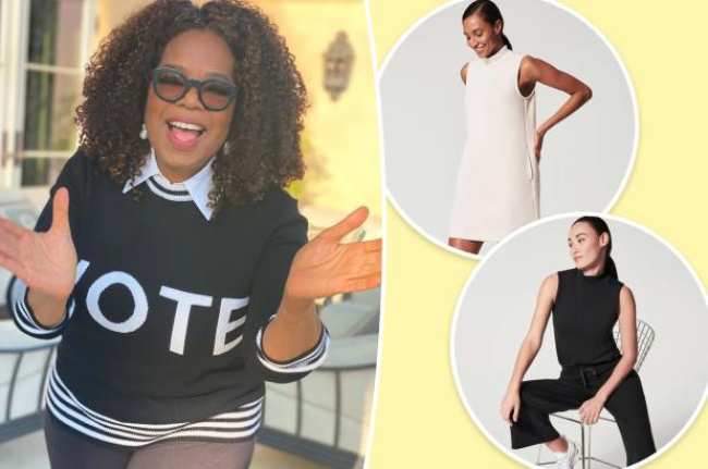 Oprah con un sueter voto con inserciones de dos modelos con un vestido Spanx y conjunto a juego