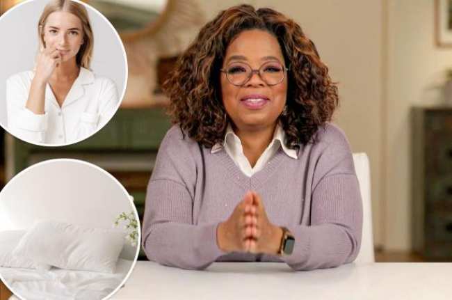 Oprah con un sueter morado con inserciones de una modelo en pijama y una cama sin hacer