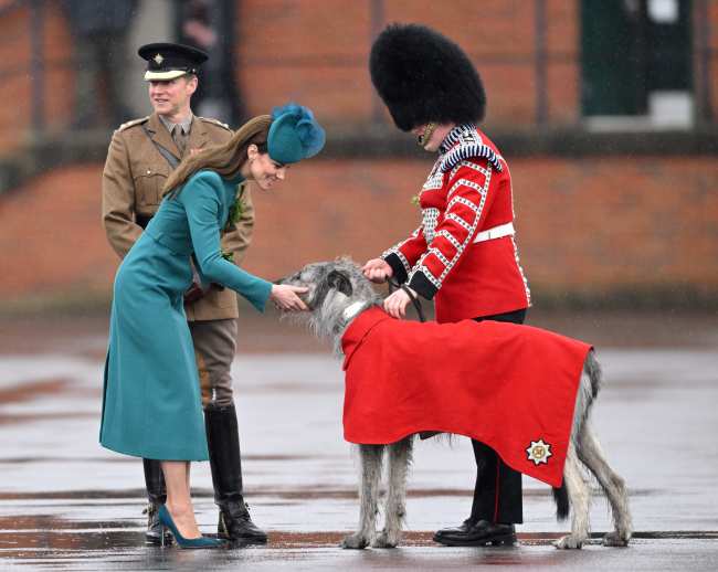 La princesa le dio una palmadita a Seamus que es la mascota del regimiento de la Guardia Irlandesa