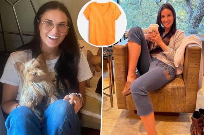 Demi Moore sosteniendo a su perro y sentada en una silla con una camiseta insertada