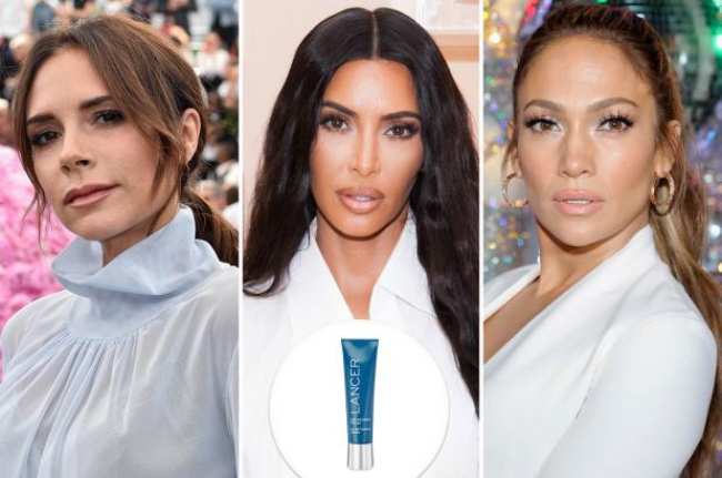 Victoria Beckham Kim Kardashian y Jennifer Lopez con un inserto de un producto Lancer Skincare