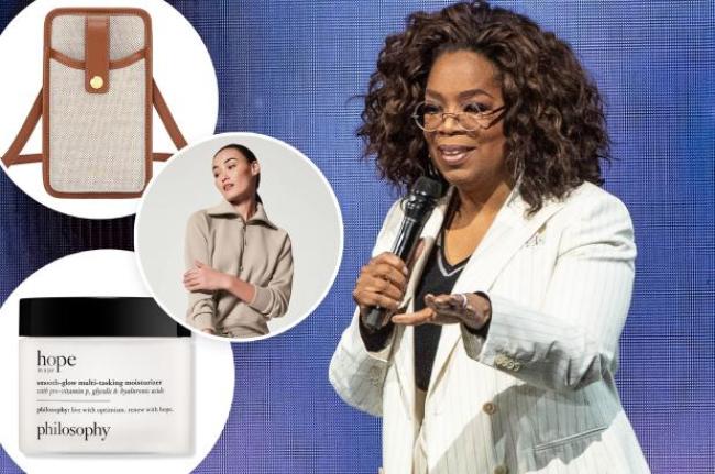 Oprah con inserciones de una funda de telefono un jersey y un humectante
