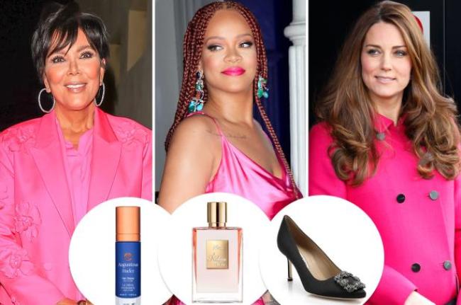 Kris Jenner Rihanna y Kate Middleton con inserciones de productos para el cuidado de la piel perfume y tacones altos