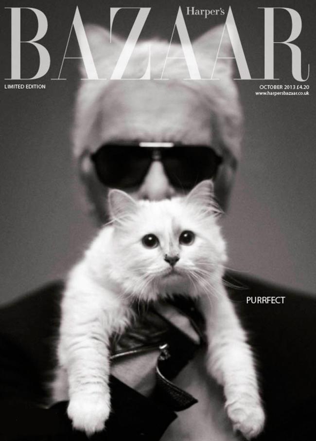Lagerfeld poso con su gatito y lucia orejas de gato en la portada de Harpers Bazaar UK