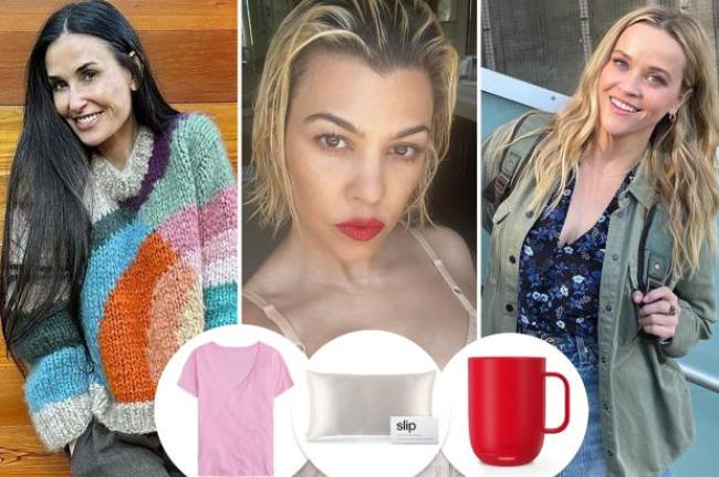 Una división de Demi Moore, Kourtney Kardashian y Reese Witherspoon con inserciones de una camisa, una almohada y una taza.