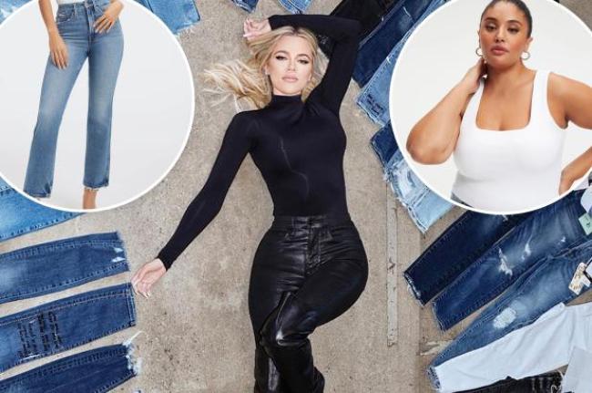 Khloé Kardashian tirada en el suelo rodeada de jeans, con inserciones de jeans de modelos y un body