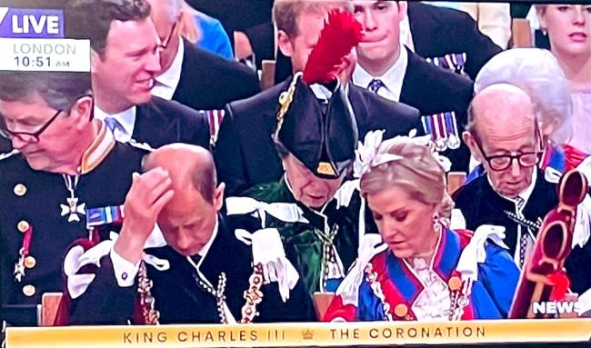 El rostro del príncipe Harry estuvo bloqueado durante la mayor parte de la coronación del rey Carlos debido a una pluma en el sombrero de la princesa Ana.
