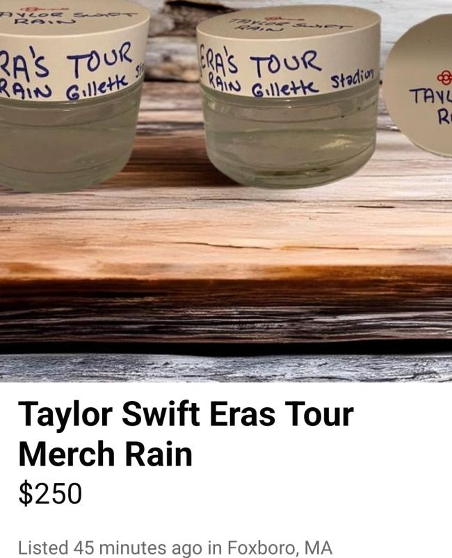 Un fanático de Taylor Swift está vendiendo lluvia del espectáculo de la cantante en Foxborough, Massachusetts, en contenedores de marihuana por $250.
