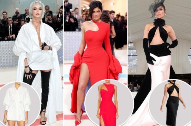 Cara Delevingne Kylie Jenner y Jennifer Lopez en sus vestidos Met Gala con inserciones de estilos similares un vestido camisero blanco un vestido rojo con aberturas y un escote cruzado negro respectivamente